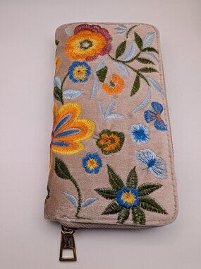 Suede Like Wallet with Embroidered Flowers